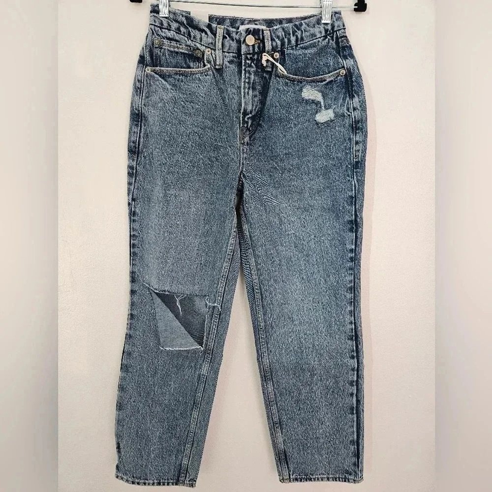 GOOD AMERICAN Blue 90s Duster Jeans Distressed High Rise Straight Leg Size 2 NWT